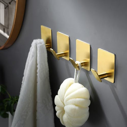 DELITON 8 Pack Gold Wall Hooks - Adhesive Towel Hooks for Bathrooms Kitchen Livingroom Garage, Heavy Duty Hook for Walls, No Damage, Stainless Steel - color: Gold-8