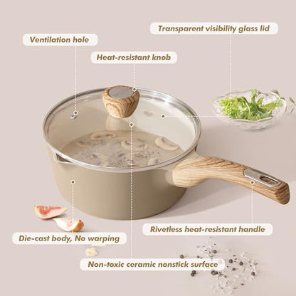 SENSARTE 1.5 & 2.5 Quart Ceramic Sauce Pan Sets with Lid, Cooking Pots Set, Nonstick Saucepan Set with Pour Spout, Small Kitchen Pot, Non toxic Saucepot, Induction Comptable, PFOA PTFE PFAS Free - color: Ceramic Taupe, size: 1.5 + 2.5 Quarts