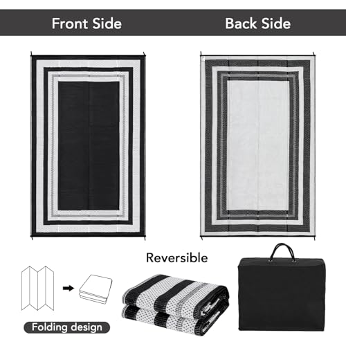 GarveeHome Outdoor Plastic Straw Rug 9x12 Waterproof Patio Rug Reversible Camping Modern Geometric Black/White Panel - color: Black/White Panel, size: 9' x 12' (Rectangular)