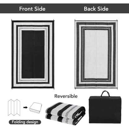 GarveeHome Outdoor Plastic Straw Rug 9x12 Waterproof Patio Rug Reversible Camping Modern Geometric Black/White Panel - color: Black/White Panel, size: 9' x 12' (Rectangular)