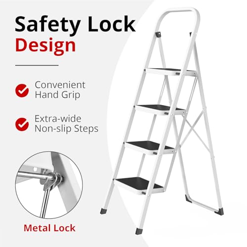 HBTower Step Ladder, Folding Step Stool for Adults with Anti-Slip Pedal, 330 lbs Capacity for Kitchen, Home, White - size: 4 Step Ladder
