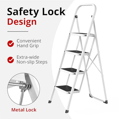 HBTower Step Ladder, Folding Step Stool for Adults with Anti-Slip Pedal, 330 lbs Capacity for Kitchen, Home, White - size: 4 Step Ladder
