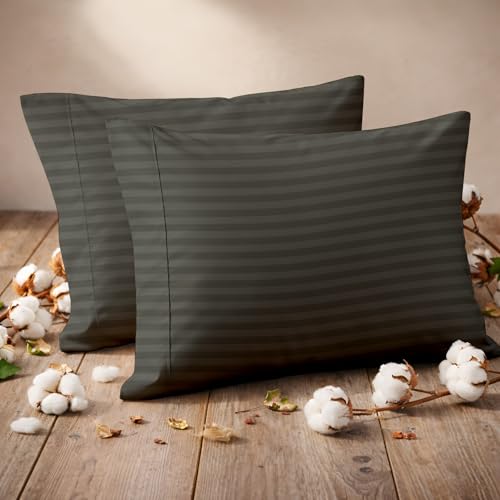 Pillow Cases - Set of 2, Dark Grey Stripe Standard/Queen (20" X 30") - Pillow Covers Made of 100% Cotton - 300 Thread Count Super Soft and Breathable Sateen Weave Pillowcases. - color: Dark Grey Stripe, size: Standard/Queen (20"X30")