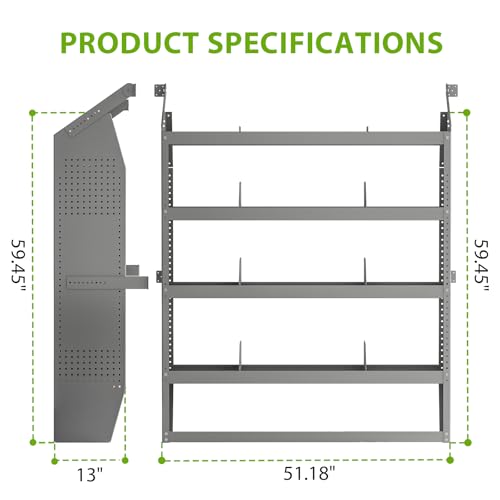 Cargo Van Shelving System 51" L x 13" W x 59.5" H, Sturdy Steel Van Storage Shelves for Ford Transit, NV200, Chevy City Express, RAM Promaster City, Cargo Van Organizer Racks,Equipped with 10 hooks. - size: 51.18" L x 13" W x 59.45" H