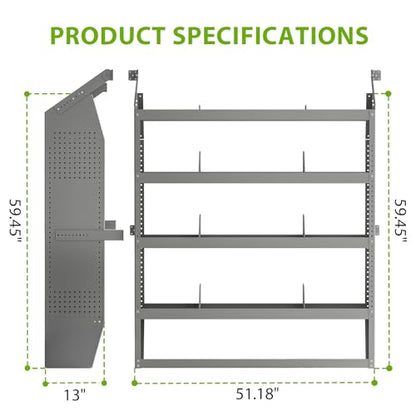 Cargo Van Shelving System 51" L x 13" W x 59.5" H, Sturdy Steel Van Storage Shelves for Ford Transit, NV200, Chevy City Express, RAM Promaster City, Cargo Van Organizer Racks,Equipped with 10 hooks. - size: 51.18" L x 13" W x 59.45" H