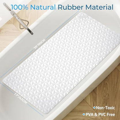 Non Slip Bathtub Mat for Bath Tub Shower Safety - Natural Rubber Mat with Suction Cups ＆ Drain Holes - BPA/PVC Free Large Bathroom Mat - Machine Washable - Unique Diamond Pattern - 17 × 35 Inch - color: White, size: 35" x 17" (Rectangular)
