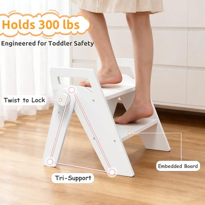 Wooden 2 Step Stool for Toddler Kids Bathroom Foldable 2-Step for Toilet Potty Training, Child Stepping Stool for Kitchen Nursery Bedroom,White - color: White