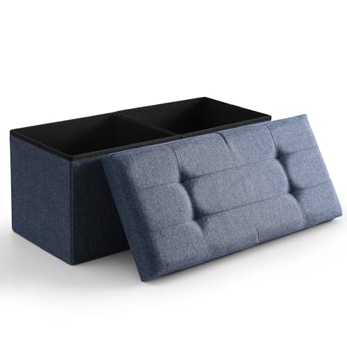 Storage Ottoman Bench Foldable Seat Footrest Shoe Bench End of Bed Storage with Flipping Lid, 75L Storage Space, 30 inches Linen Fabric Navy - color: Navy, size: 30" Flip