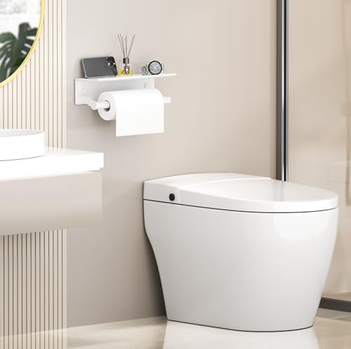 White Paper Towel Holder Wall Mount with Shelf for Bathroom, Matte White Adhesive Hand Towel Holder for Bathroom Kitchen RV - color: White General