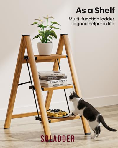 SOLADDER 3 Step Ladder, Folding Aluminum 3 Step Stool with Anti-Slip Wide Sturdy Pedal, Multi-Use for Home and Kitchen, Space Saving-Woodgrain(300 lbs Capacity) - color: Woodgrain, size: 3 Step