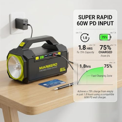 MARBERO Portable Power Station 88.8Wh Camping Portable Charger with Flashlight High Lumens Fast Charging Power Bank with AC Outlet 100W (150W Surge) for Hiking Hurricane Backup Emergencies - color: Yellow Green
