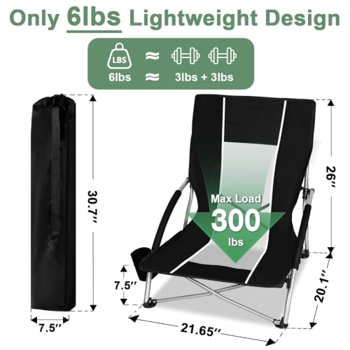 Romswi Low Beach Chairs for Adults 2 Pack, Lightweight Folding Sand Chairs with Breathable Mesh Back & Cup Holder, Portable Compact Camping Chairs, 300lbs Capacity,Black - color: Black - Low Back