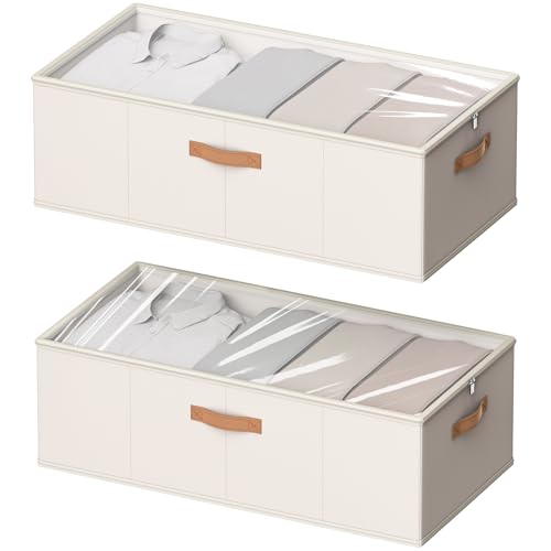 2 Pack Under Bed Storage Containers, 10 Inch Tall Underbed Clothes Storage Organizer Bin with Clear Window，Foldable Box Basket for Clothes, Closet, Bed Sheets and Blankets White - color: White