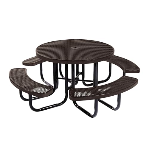 COATEDOUTDOORFURNITURE Heavy-Duty Portable Outdoor Picnic Table with Umbrella Hole, Punched Steel Commercial-Grade Patio Dining Furniture Made in America (46" Round Top, Brown) - color: Brown, size: 46 In, Round, Punched Steel