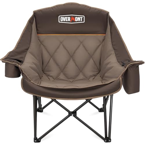 Overmont Oversized XL Camping Chair for Adults - 500lbs Support Heavy-Duty Padded Folding Chair with Side Pocket Cup Holder Cooling Bag for Outdoor Sports Garden Beach Fishing Lawn Khaki - color: Khaki