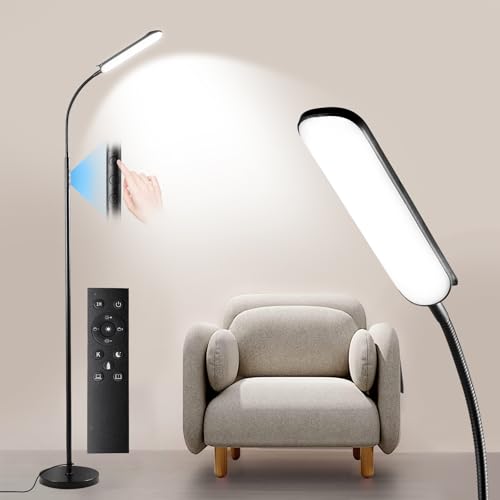 Yikuneng Dimmable LED Floor Lamp, Super Bright Reading Lamps Floor Standing lamp with Remote & Touch Control, Stepless Dimming & 2700K-6500K Color Temperature, for Living Room Bedroom Office, Black - color: Black