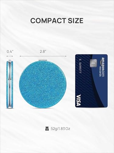 OMIRO 1X/10X Magnifying Compact Mirror with PU Leather, Ultra-Portable for Purses and Travel, Round Blue - color: Blue