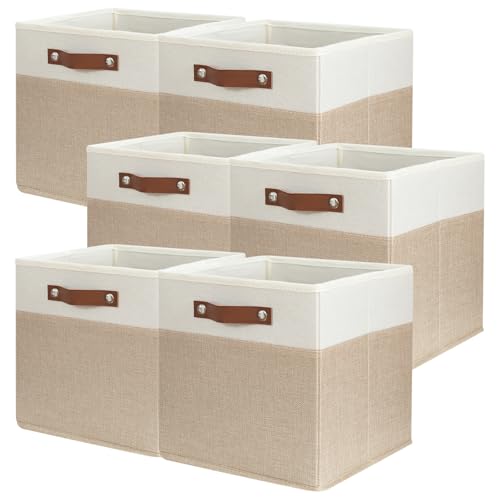 SNWDN 6 Pack Fabric Storage Baskets for Organizing Collapsible Fabric Storage Bins with Handles for Home and Office Organizing (White/Beige 11x11x11 Inches) - color: White/Beige, size: Cube Medium (6 Pack 11x11x11 Inches)