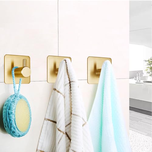 Fotosnow Gold Brushed 304 Stainless Steel Adhesive Wall Hooks, 15 lbs Heavy Duty No Drill Waterproof Rustproof Oil Resistant Anti-Slip Stick On Hooks-6 Pack - color: Gold-6 Pack