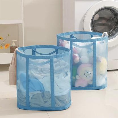 Mesh Bag with Handles, Collapsible Laundry Basket, Foldable Laundry Bag, Breathable Folding Beach Bag,Space-saving Travel Tote Bags (2, Blue) - color: Blue