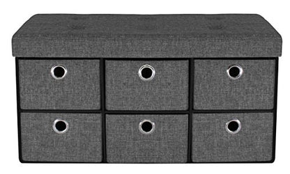 Sorbus Storage Bench Chest with Drawers – Collapsible Folding Bench Ottoman Includes Cover – Perfect for Entryway, Bedroom Bench, Cubby Drawer Footstool, Hope Chest, Faux Linen (Gray)