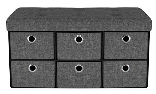 Sorbus Storage Bench Chest with Drawers – Collapsible Folding Bench Ottoman Includes Cover – Perfect for Entryway, Bedroom Bench, Cubby Drawer Footstool, Hope Chest, Faux Linen (Gray)