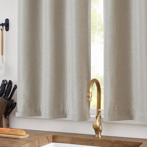 jinchan Linen Kitchen Curtains 24 Inch Length Window Treatment Farmhouse Rustic Cafe Curtains for Living Room Bedroom Rod Pocket Room Darkening 2 Panels Greyish Beige - color: Greyish Beige, size: 25"W x 24"L (Pack of 2)