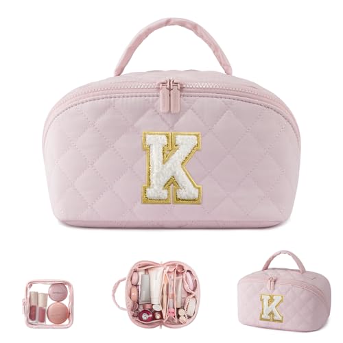 LOVEVOOK Travel Makeup Bag for Women, 2Pcs Puffer Waterproof Cosmetic Organizer, Large Capacity Pouch Open Flat Small Toiletry Bag with Brush Compartment & Handle (Pink-k, Medium) - color: Pink-k, size: Medium