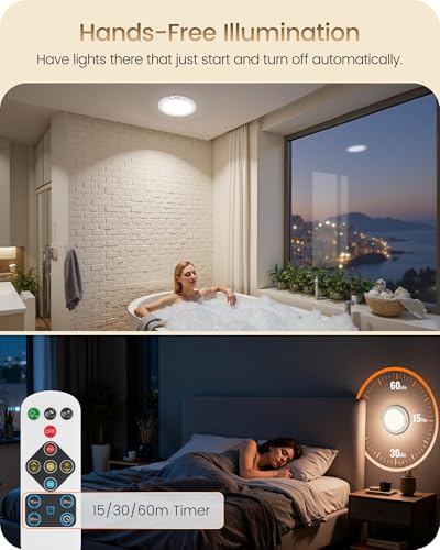 Rechargeable Motion Sensor Ceiling Light with Remote, Wireless Ceiling Light Battery Operated, No Wiring, Magnetic, Dimmable Shower Light, Timer, 3 Color 6000K, Rechargeable Light for Closet Hallway - style: 3 Color Temperatures