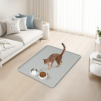 Silicone Cat & Dog Food Mat, 27" x 27" Large Pet Feeding Mat for Cats and Dogs Bowl, Pet Placemat for Food and Water with Raised Edge, Waterproof, Leakproof (Grey) - size: 27"L x 27"W