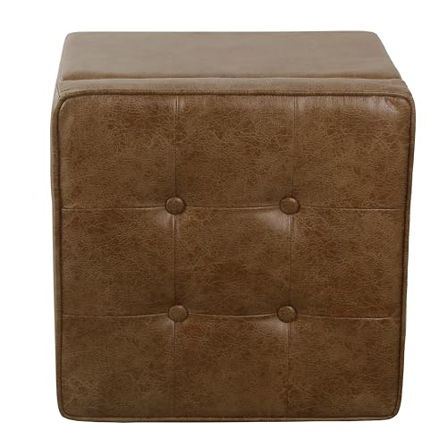 HomePop Square Tufted Storage Ottoman - Distressed Brown Faux Leather Small - color: Light Brown