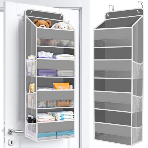 WISELIFE Over The Door Organizer Storage with 4 Large Pockets Door Hanging Organizer with Clear Windows behind The Door Storage for Nursery Bedroom Bathroom Pantry Closet and Baby Essentials Grey - color: Grey, size: 4-Tier