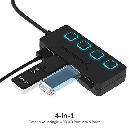 SABRENT 4-Port USB 3.0 Hub with Individual LED Power Switches - Slim, Portable Design - 2 Ft Cable - Fast Data Transfer - Compatible with Mac & PC (HB-UM43) - color: Black
