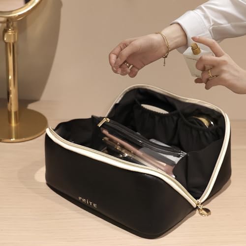 Prite Makeup Bag for Women Travel Waterproof Vegan Leather Cosmetic Bag Open Flat Toiletry Bag With Clear Divider and Handle (Black, Medium) - color: Black, size: Medium
