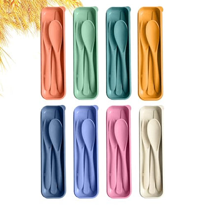 Travel Utensils Set with Case, 8 Sets Camping Utensils Reusable Wheat Straw Utensils Set With Case, Knife Spoon and Fork Set for Lunch Box - color: Multicolor