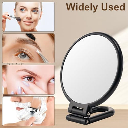 BOOMIBOO 1X/10X Magnifying Handheld Mirror Double Sided, Foldable Travel Makeup Mirror, Adjustable Rotation Pedestal Hand/Hanging/Desk Vanity Mirror-Black - color: Black