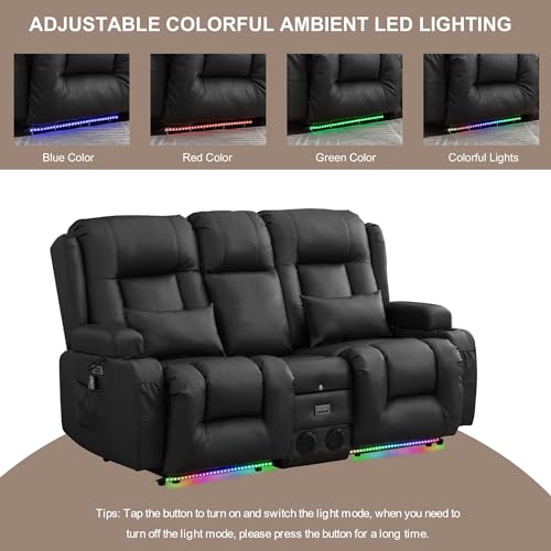 TUNYI Power Loveseat Recliner Sofa with Massage & Heat Home Theater Seating with Console RV Recliner Loveseat Sofa with USB/Storage/Side Pocket/LED Light/Speaker (Black, Loveseat) - color: Black, size: 2 Seat