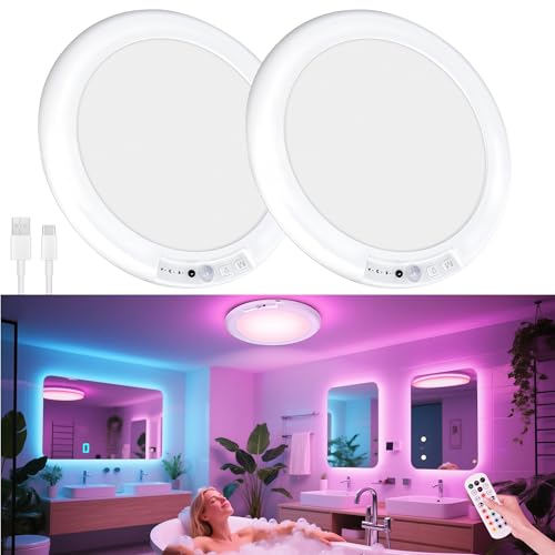 maylit Shower Lights 2 Pack, RGBW Rechargeable Ceiling Light, Waterproof Battery Operated Lamp, Wireless Stick on Inside Motion Sensor Mood LED Lighting for Bathroom No Wiring, Indoor - color: RGBW, size: 2 Pack