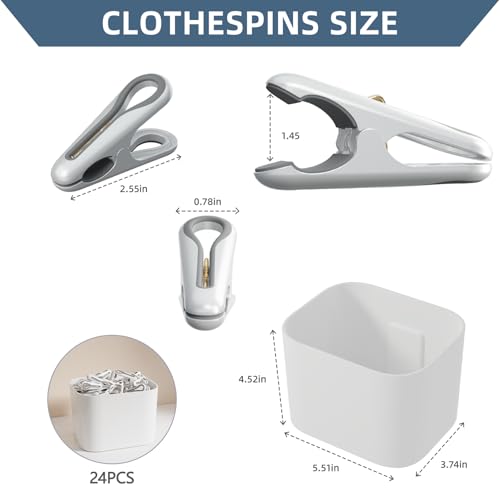 Plastic ClothesPins Heavy Duty Out door 24 Pack with Storage Box, 2.5-Inch Chip Clips with Non-Slip No-Trace Design for Laundry, Drying Clothes,Towels, Crafts, Picture, Food Clips, Home Use and Travel - color: White