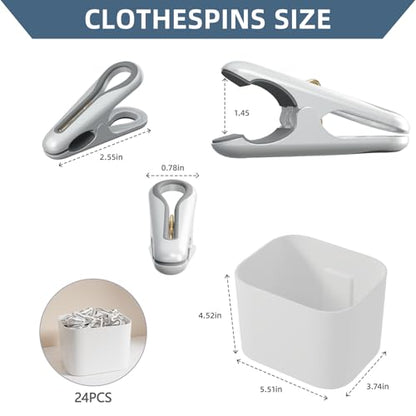 Plastic ClothesPins Heavy Duty Out door 24 Pack with Storage Box, 2.5-Inch Chip Clips with Non-Slip No-Trace Design for Laundry, Drying Clothes,Towels, Crafts, Picture, Food Clips, Home Use and Travel - color: White