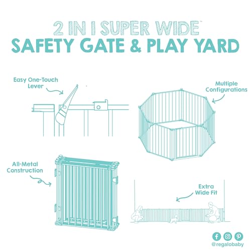 Regalo Safety 192" Super Wide Baby Gate & Play Yard, 2-in-1 Convertible Extra Wide Safety Barrier, Hardware Mounted for Toddlers & Pets, Tested & Safe for 30 Years, American Designed & Owned, White - color: White, style: 50.5-192"W x 28"H