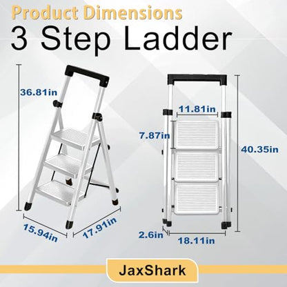3 Step Ladder with Handrail Folding Step Stool with Tool Tray | 500LBS Capacity Sturdy Carbon Steel Frame Anti-Slip Stripe Pedal for Home Kitchen Garage (white-3step) - color: White-tool, size: 3 step