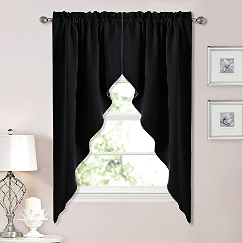 NICETOWN Blackout Window Treatment Pole Pocket Kitchen Tier Curtains- Tailored Scalloped Valance/Swags for Living Room (2 Panels, 36" W X 63" L Each Panel, Black) - color: Black, size: 36"W x 63"L (Pack of 2)