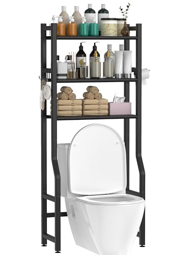 Livilord 3 Tier Over The Toilet Storage Rack with Toilet Paper Holder, Metal Freestanding Bathroom Shelves with 4 Hooks, Over Toilet Storage Shelf for Bathroom Storage, Black - color: F-black-square