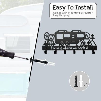 Metal Camper Key Holder with 6 Hooks, 11.2 x 4.7 inches Camper RV Decor Rack Hanger, Camper Decorations and Accessories for Inside, Camper Storage and Organization
