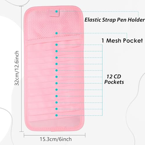 Car CD Case Holder, DVD Vehicle Visor Storage Orangizer Vehicle Sun Visor Organizer Large Capacity CD Case With 12 DVD Storage Sleeves, Mesh Pocket, Pen Holder And Elastic Strap, Pink Canvas Material