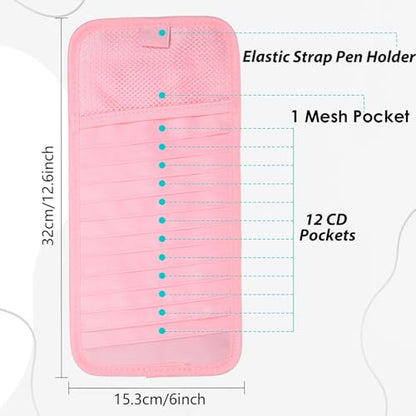 Car CD Case Holder, DVD Vehicle Visor Storage Orangizer Vehicle Sun Visor Organizer Large Capacity CD Case With 12 DVD Storage Sleeves, Mesh Pocket, Pen Holder And Elastic Strap, Pink Canvas Material