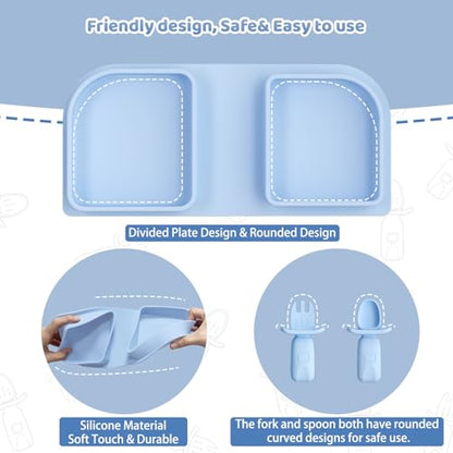 Blue Silicone Foldable Feeding Set, Travel Baby Feeding Supplies Including Toddler Plates, Silicone Baby Spoon&Fork, Adjustable Foldable Bib, Portable Infant Toddler Utensils - color: Blue