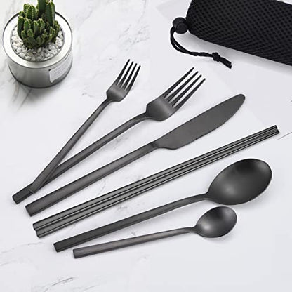 AARAINBOW 6 Pieces Stainless Steel Flatware Set Portable Reusable Cutlery Set Travel Utensils Set Including Chopsticks Knife Fork Spoon Straws Cleaning Brush Dishwasher Safe (B-Black) - color: B-Black