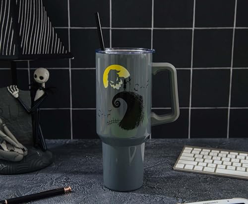 Silver Buffalo Disney Nightmare Before Christmas Featuring Oogie Boogie, Jack Skellington, and Sally Double Walled Stainless Steel Tumbler with Handle and Straw, Fits in Standard Cup Holder, 40 Ounces - color: Nightmare Before Christmas Jack and Sally
